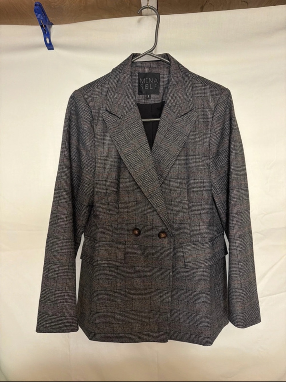 MIA Gray Plaid Double-Breasted Blazer